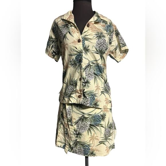 Vtg 90s Palm Tree Pineapple Retro Hawaiian Resort Blouse Wrap Skirt Coord Set M - Picture 2 of 8